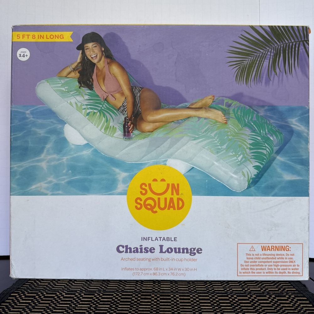 Sun Squad Inflatable Chaise Lounge Chair Arched Seating Built-in Cup Holder Palm